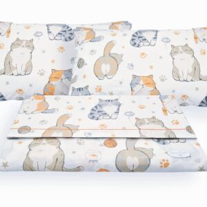 Completo Letto Set Lenzuola Federe Fantasia Stampa Gatti Cats 100% Cotone