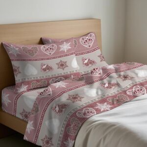 Completo Letto Set Lenzuola Federe Flanella Fantasia Stelvio Disegno Tirolese 100% Cotone